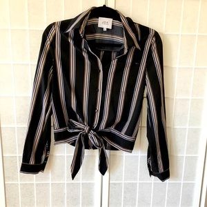 Gold white and black striped button down with tie front waist and breast pocket